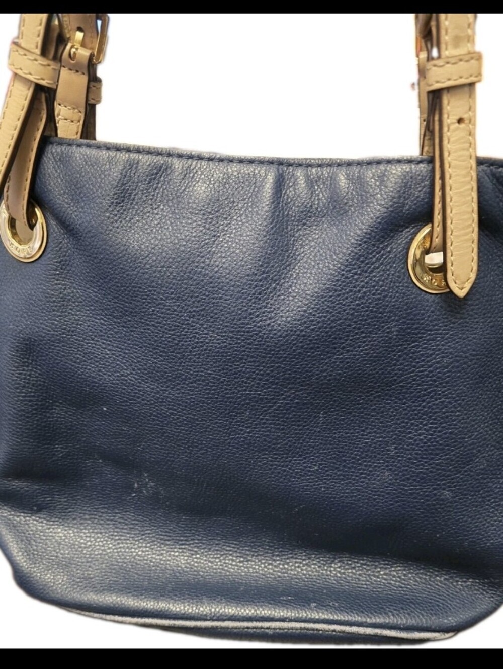 Michael Kors Navy Blue Pebbled Leather Tote Bag Tan Straps Gold Hardware - Picture 7 of 12